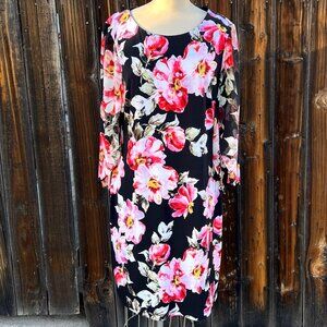 CONNECTED APPAREL Black with Pink Floral Chiffon L/S  Knee Length Dress Size 14